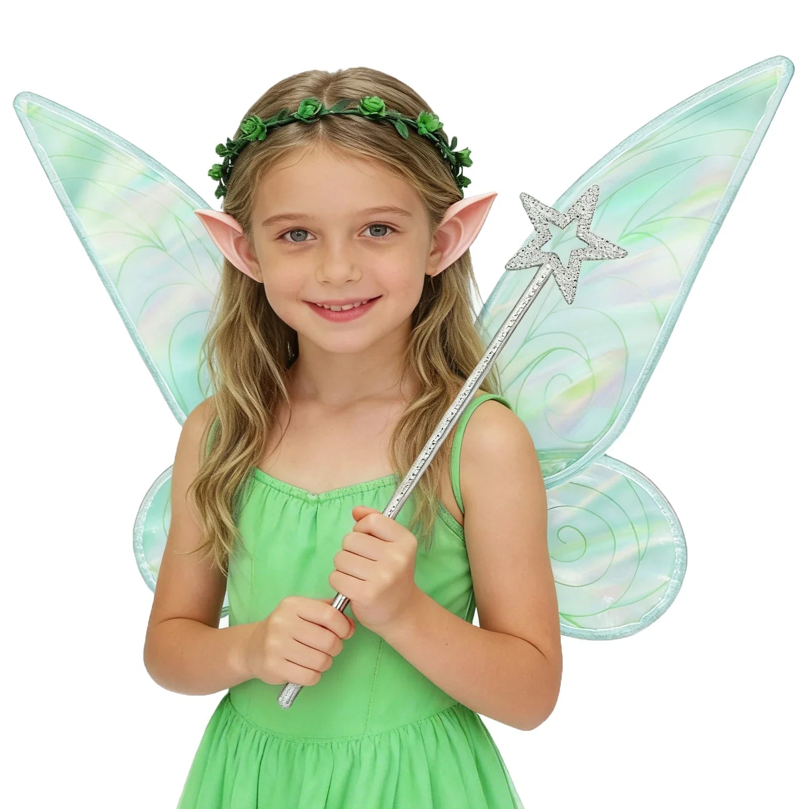 Woman wearing green fairy wings costume accessories with wand and floral crown