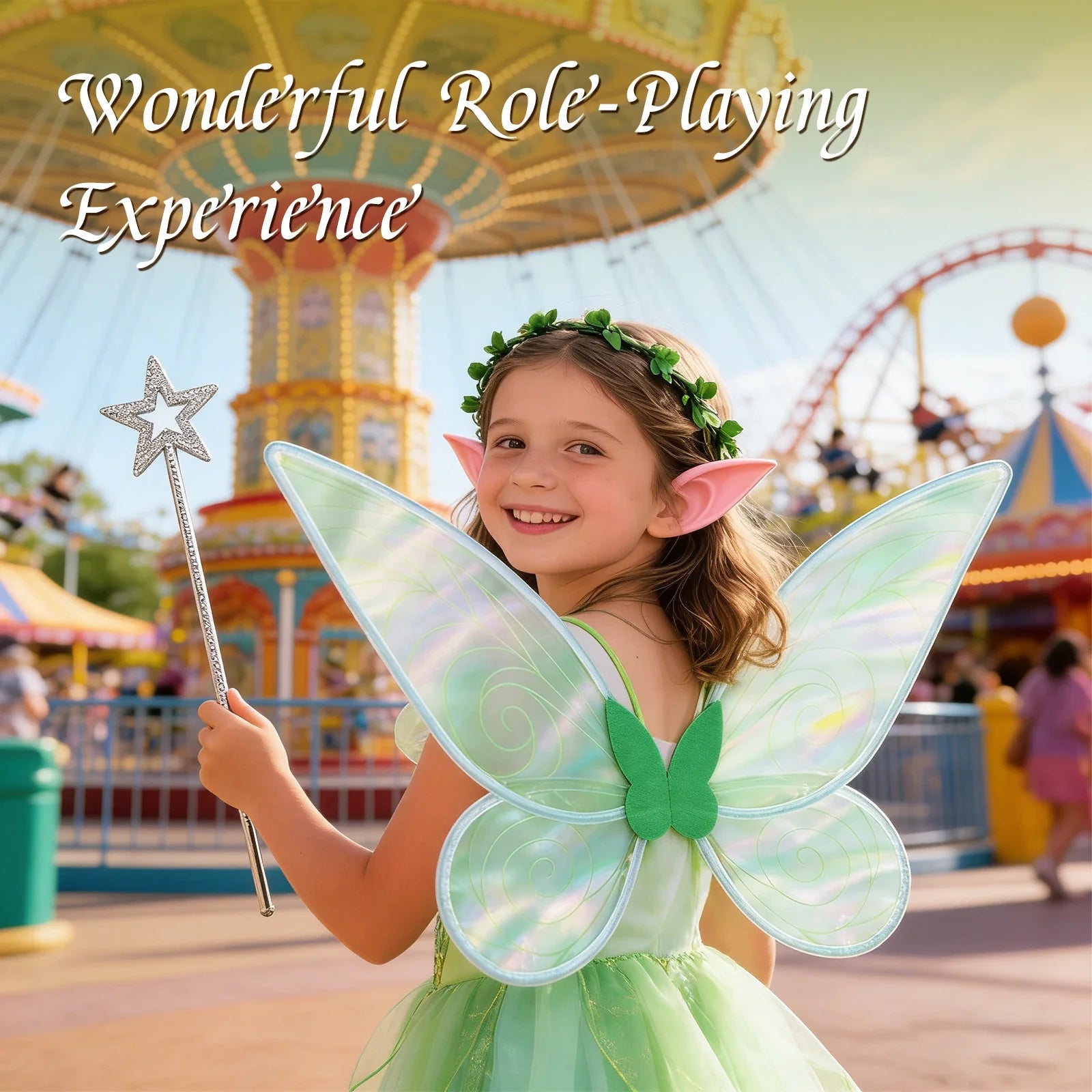 Green fairy wings and woodland accessories styled for an outdoor fantasy look