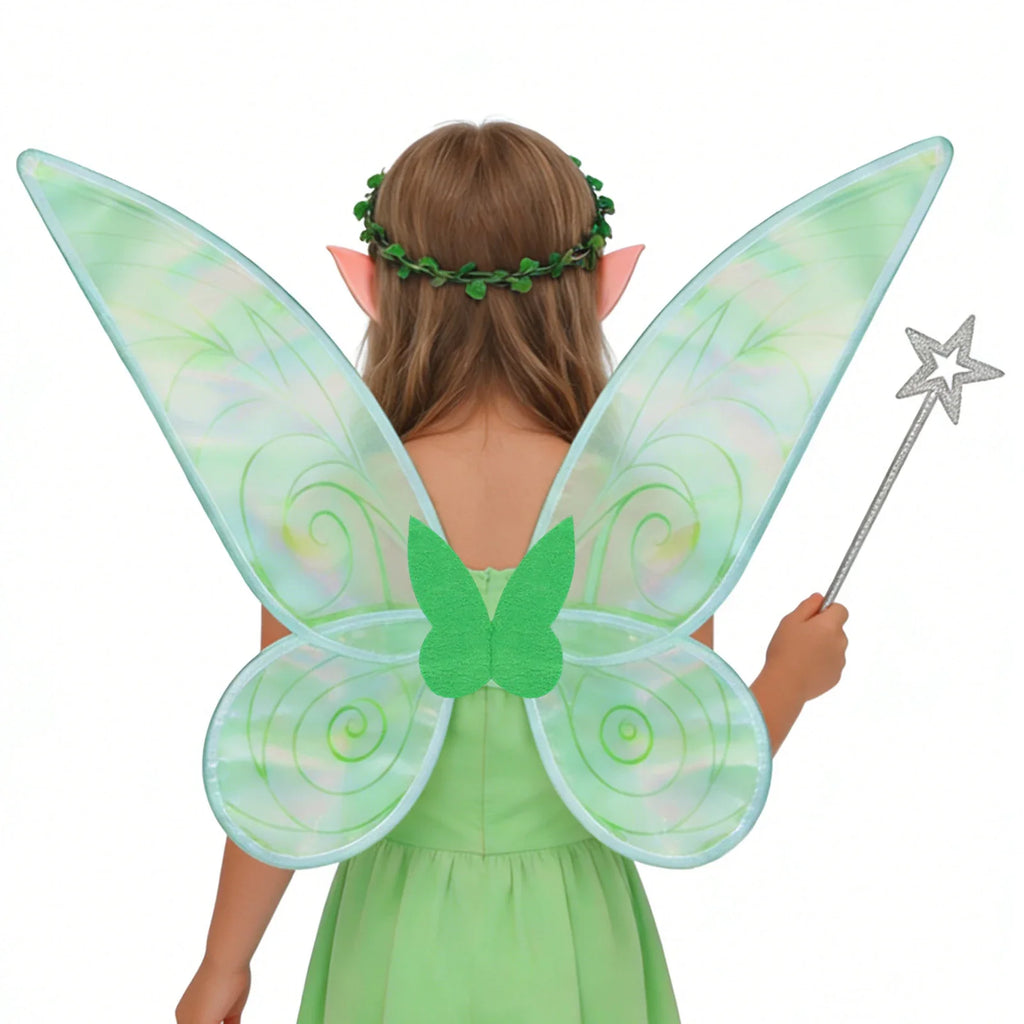 Side view of green fairy wings costume set worn with elf accessories