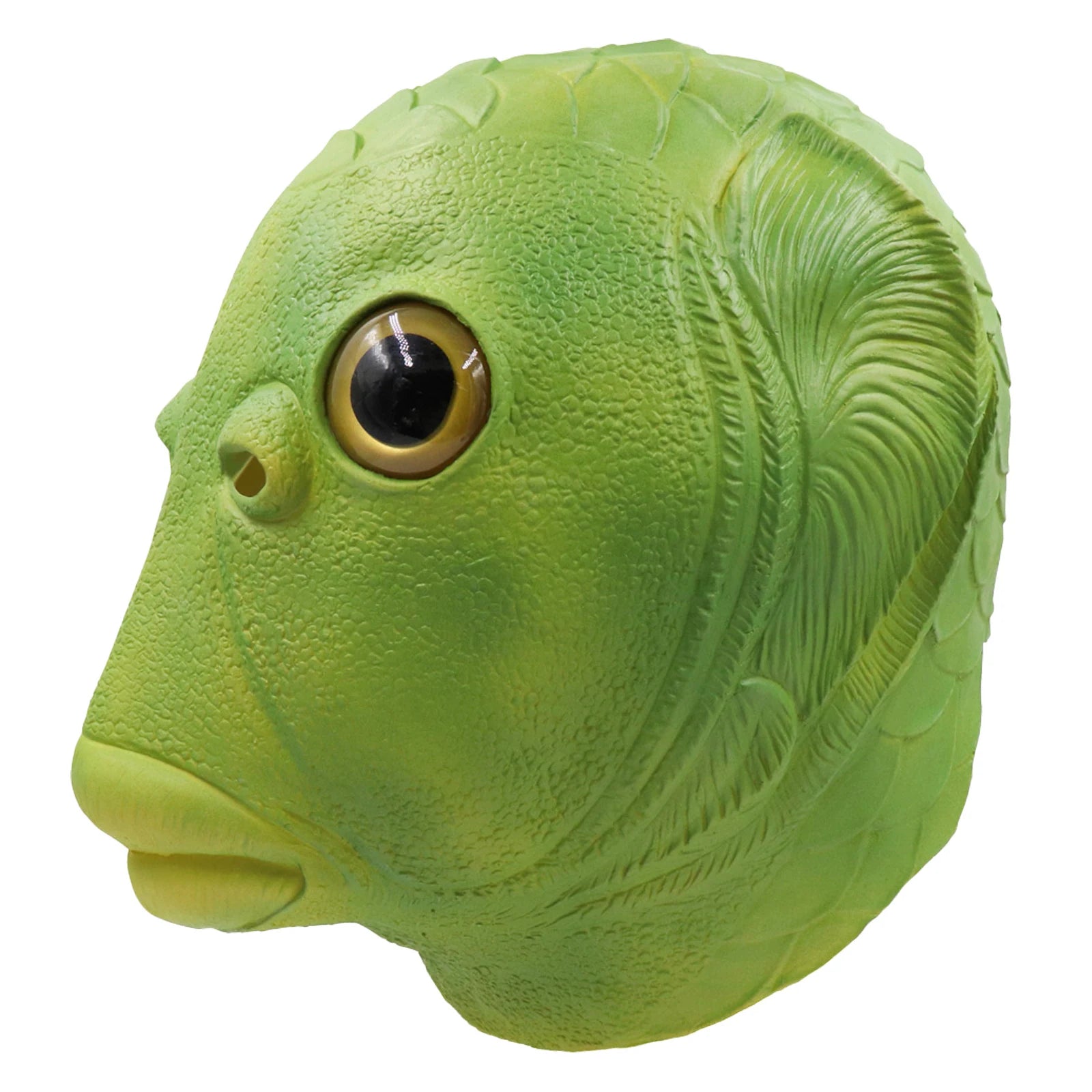 Green fish costume mask shown from multiple angles to highlight the oversized eyes, fish-scale texture and full-head shape.