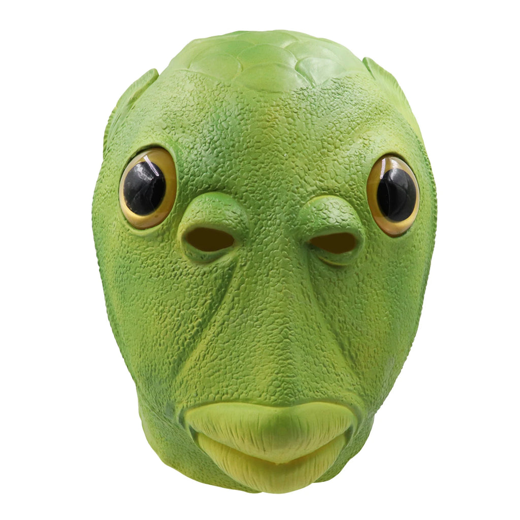 A clear product view presents a green fish head mask for adults with oversized eyes and sculpted scales, with the oversized eyes, fish-scale texture and full-head shape clearly visible.