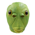 A clear product view presents a green fish head mask for adults with oversized eyes and sculpted scales, with the oversized eyes, fish-scale texture and full-head shape clearly visible.
