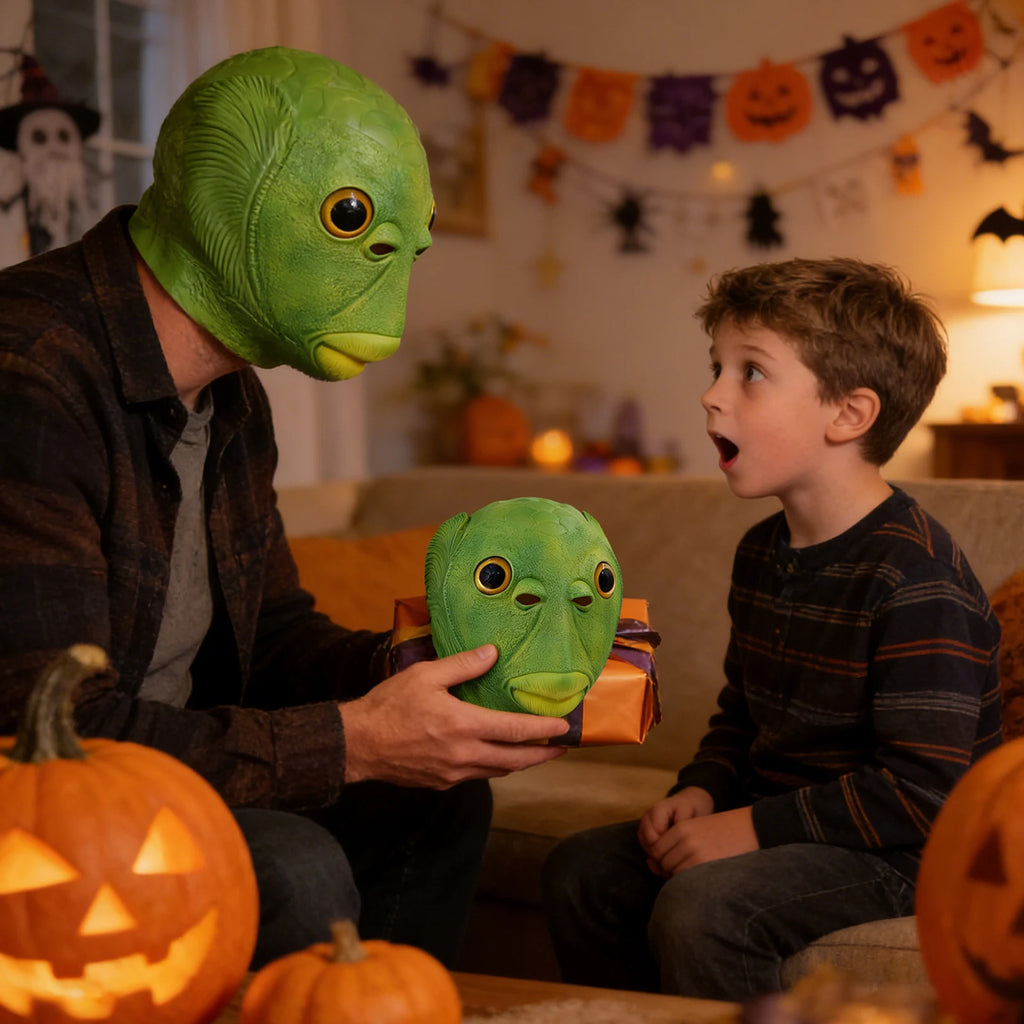 A clear product view presents a green fish head mask styled for an adult costume party, with the oversized eyes, fish-scale texture and full-head shape clearly visible.