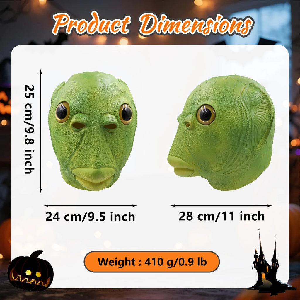 A measurement chart presents green fish mask dimensions showing height width depth and weight, including the visible size information for the green fish head mask.