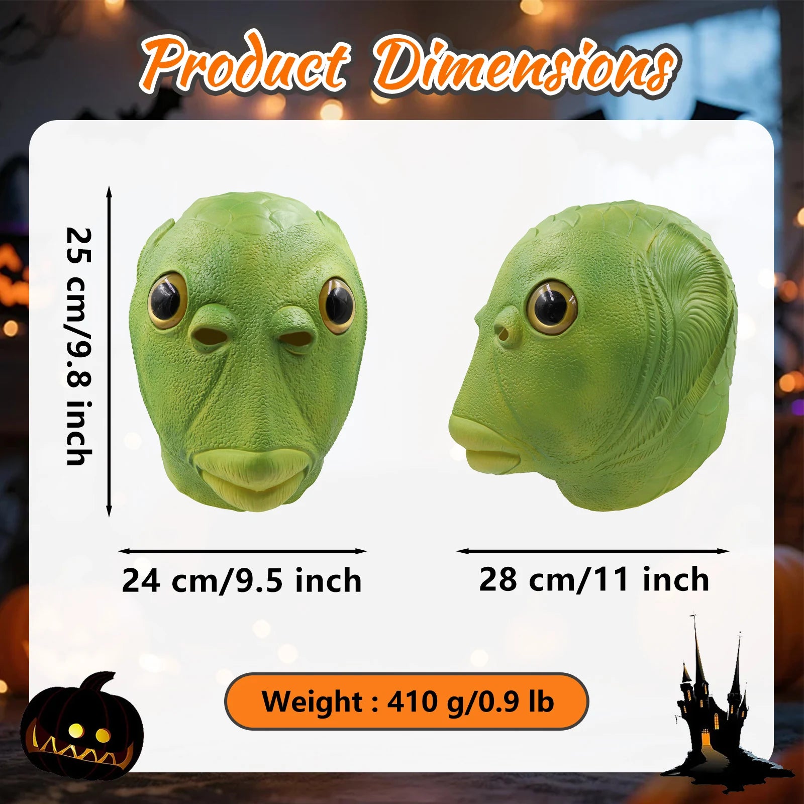 A measurement chart presents green fish mask dimensions showing height width depth and weight, including the visible size information for the green fish head mask.