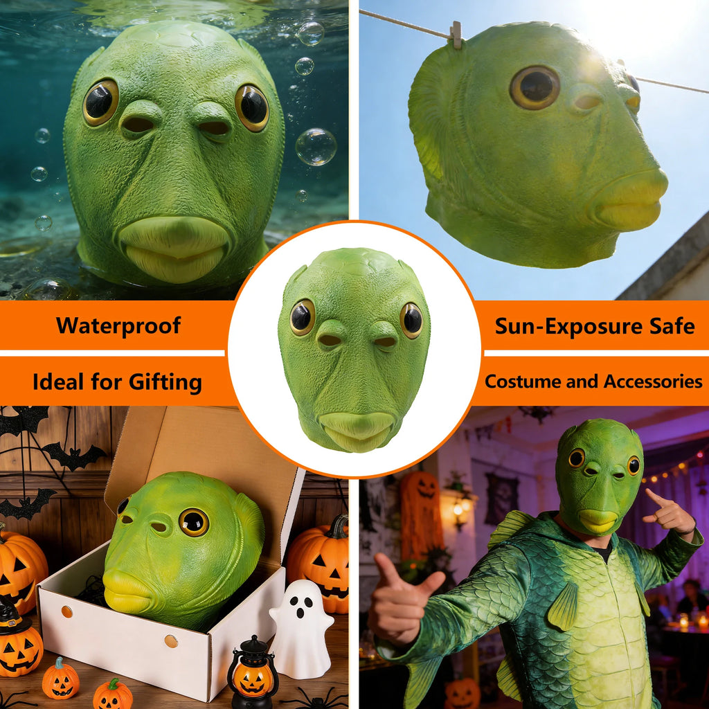 A clear product view presents a green fish mask shown for Halloween gifting and costume use, with the oversized eyes, fish-scale texture and full-head shape clearly visible.