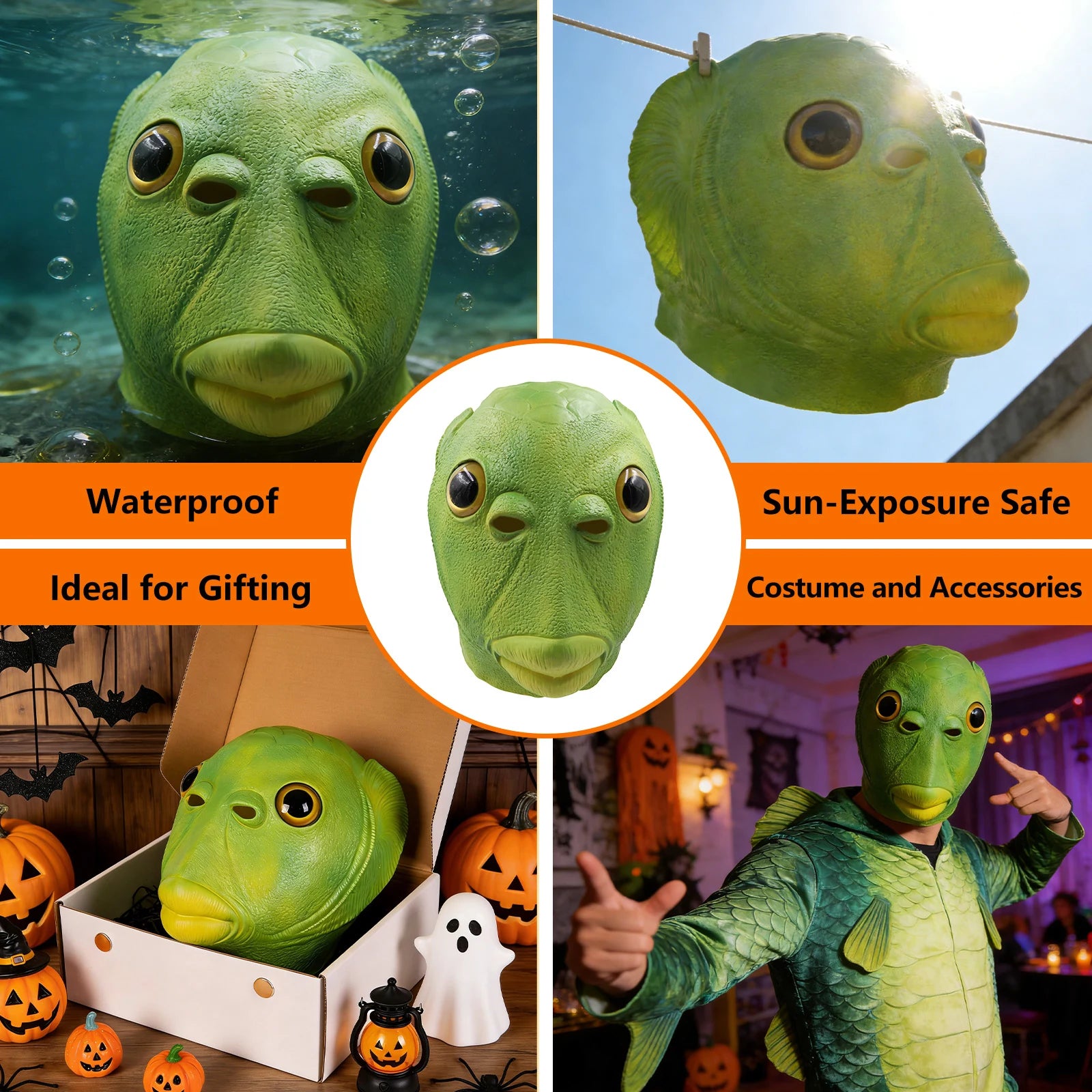 A clear product view presents a green fish mask shown for Halloween gifting and costume use, with the oversized eyes, fish-scale texture and full-head shape clearly visible.