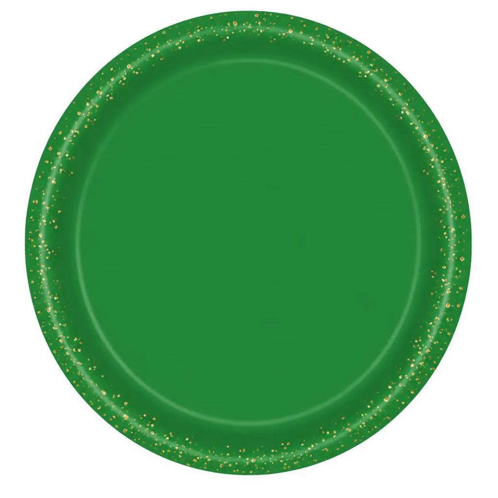 Green disposable party plate with gold glitter rim for Halloween, birthday, witch party, and themed table decorations.