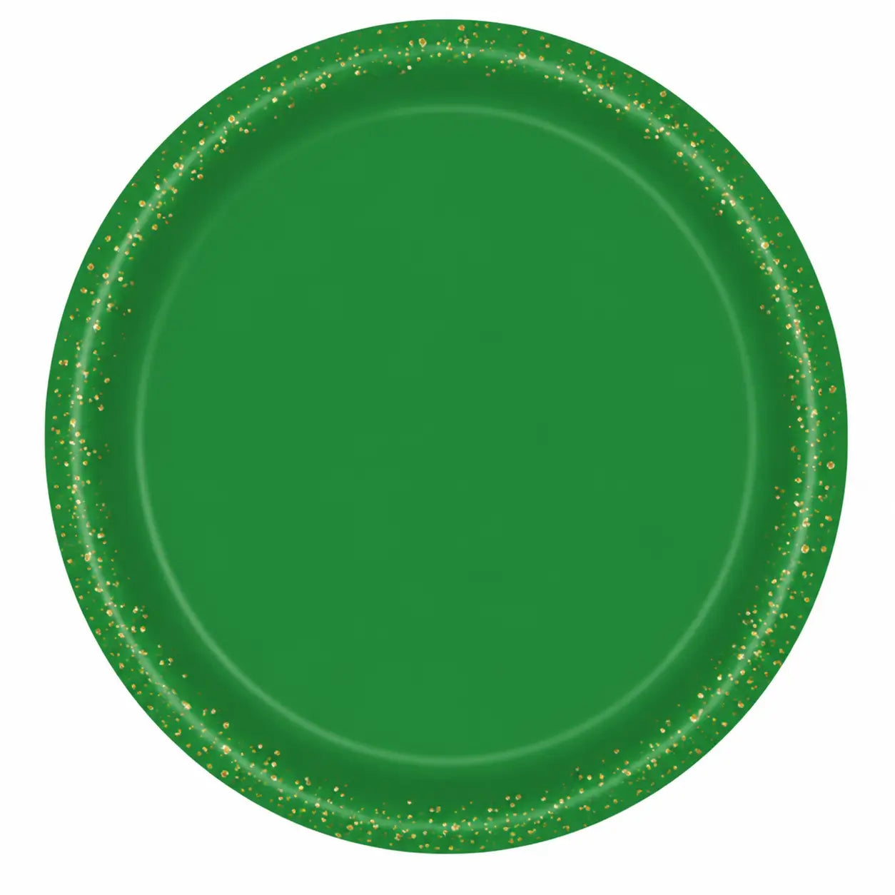 Green disposable party plate with gold glitter rim for Halloween, birthday, witch party, and themed table decorations.