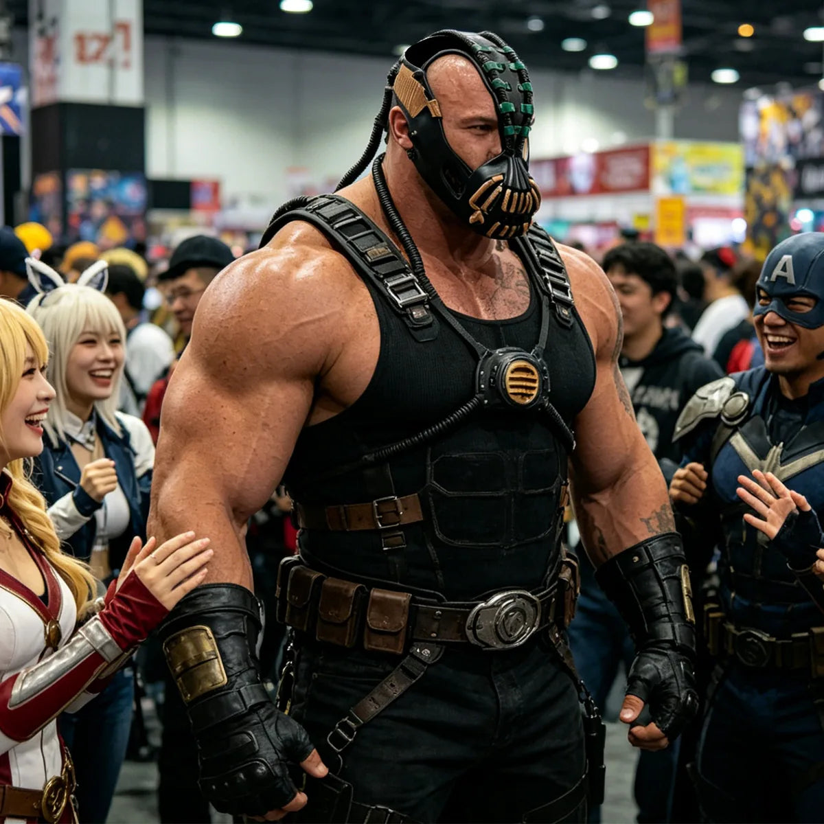 Green and gold villain mask worn with a black costume at a convention.