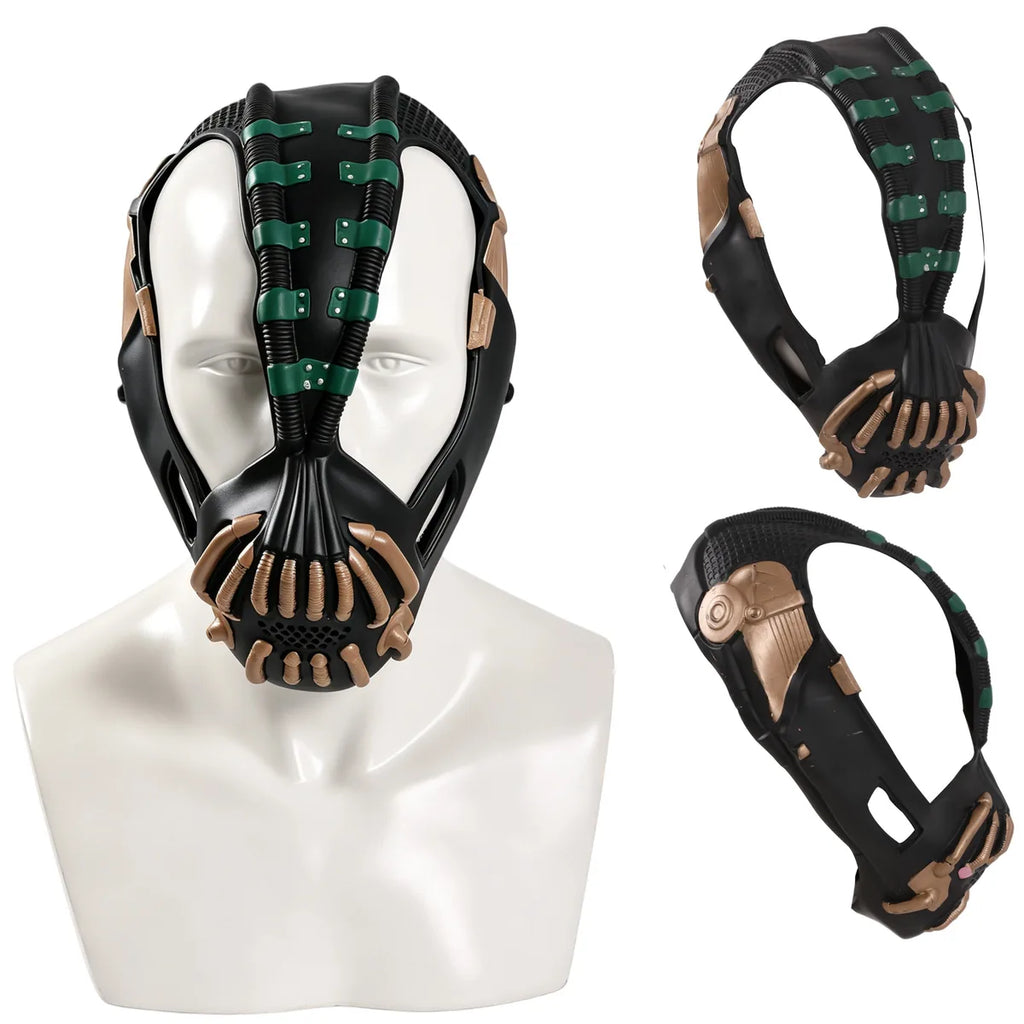 Green, black, and gold villain costume mask shown from the front.