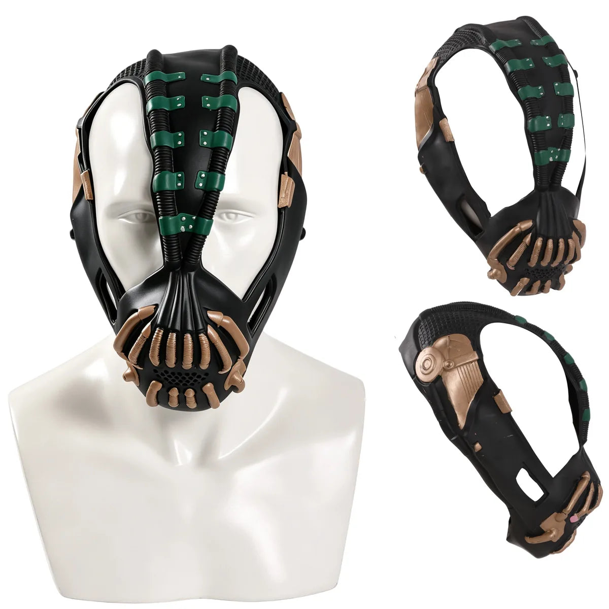 Green, black, and gold villain costume mask shown from the front.