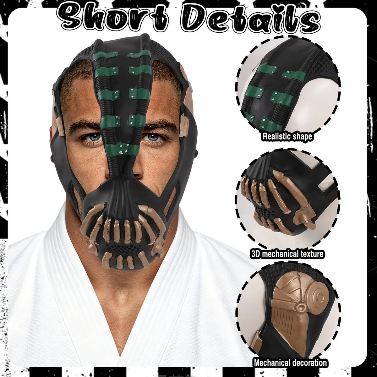 Detail graphic of the green and gold villain costume mask highlights the raised tubes, mouth grille, and side panels.
