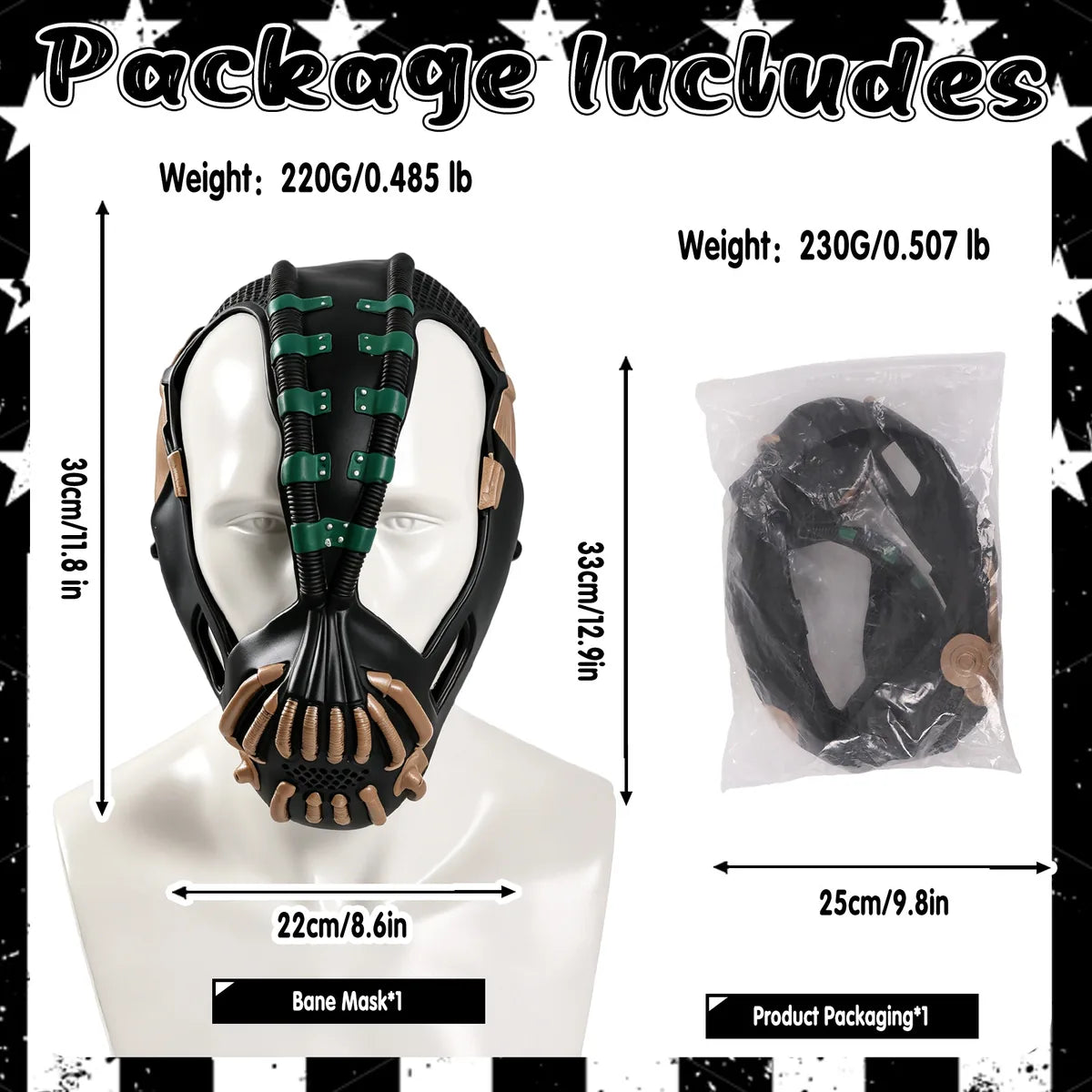 Package graphic shows the mask dimensions, weight, and bag dimensions.
