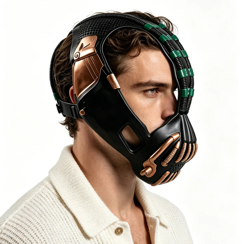 Side and back views of the green and gold villain costume mask show the open strap structure around the head.