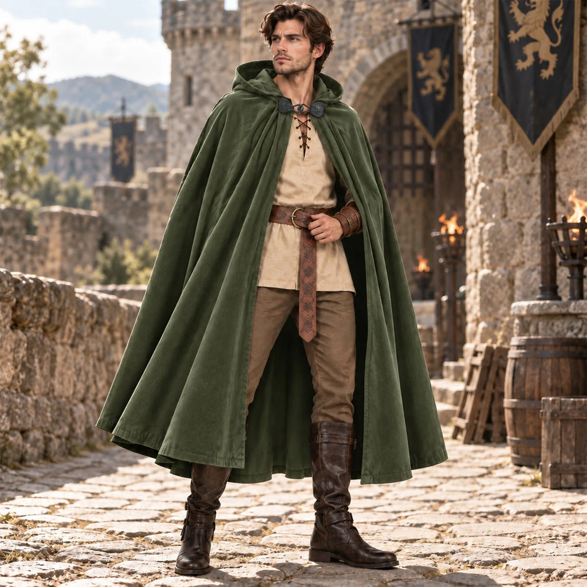 A man in a green hooded cloak with brown belt walks across a cobblestone castle courtyard hung with banners.