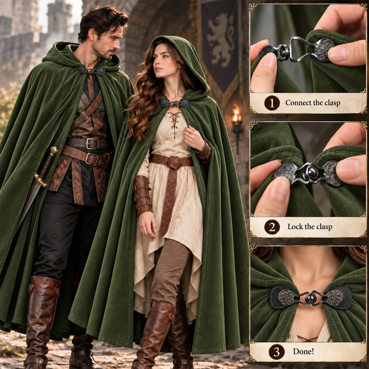 A couple in green hooded cloaks beside three steps showing how to fasten the clasp: Connect the clasp, Lock the clasp, Done!