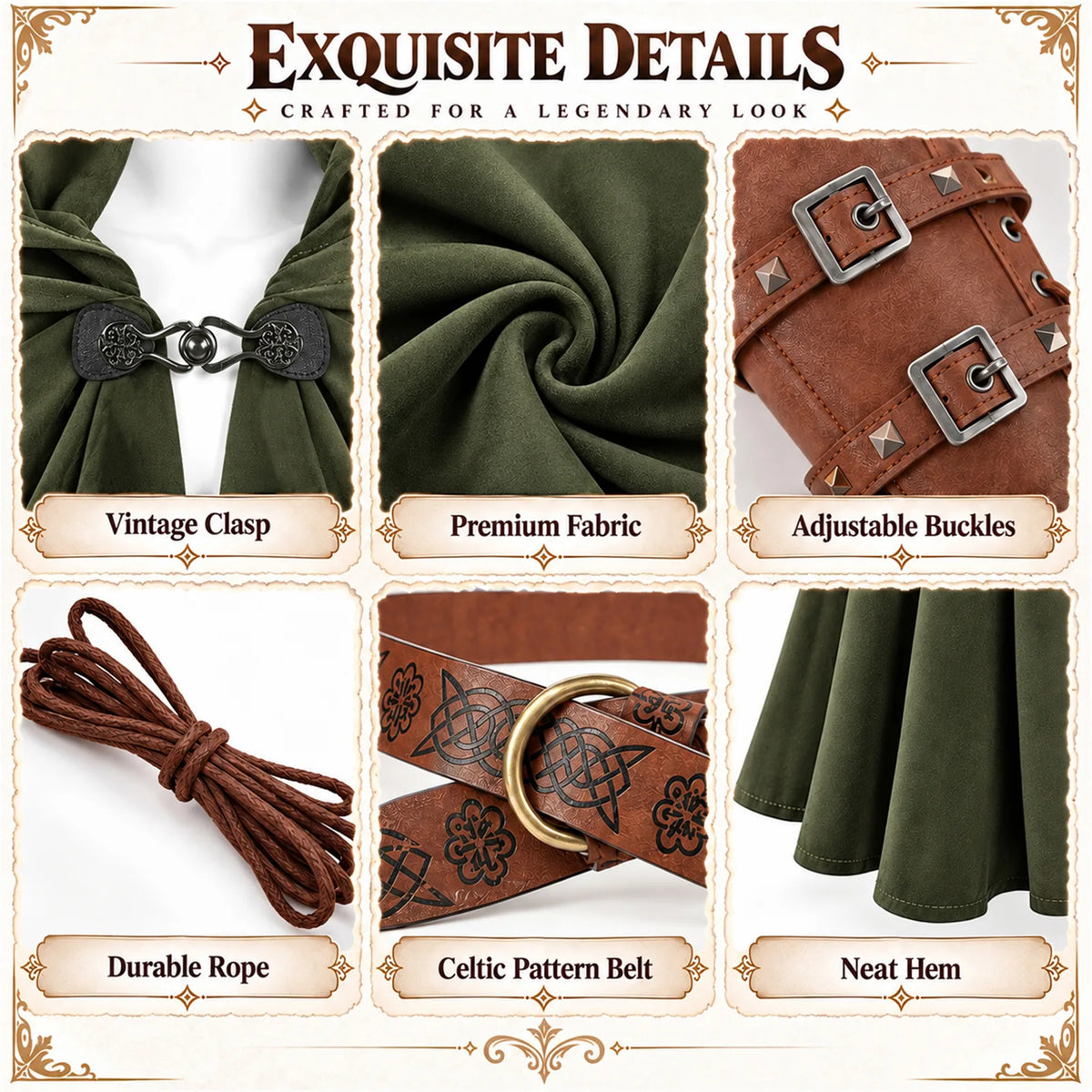 Exquisite Details panel with green cloak close-ups: Vintage Clasp, Premium Fabric, Adjustable Buckles, Durable Rope, Celtic Pattern Belt and Neat Hem.