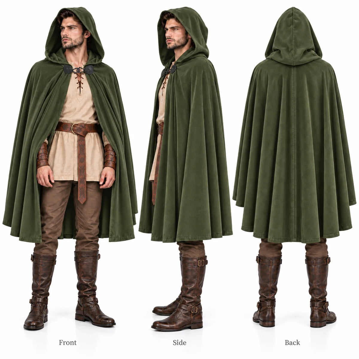 A man models the green hooded cloak from labeled front, side and back views on a white background.
