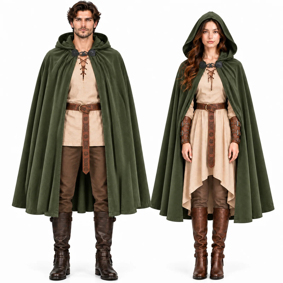 A man and a woman stand side by side wearing green hooded cloaks with brown leather wrist guards and belts.