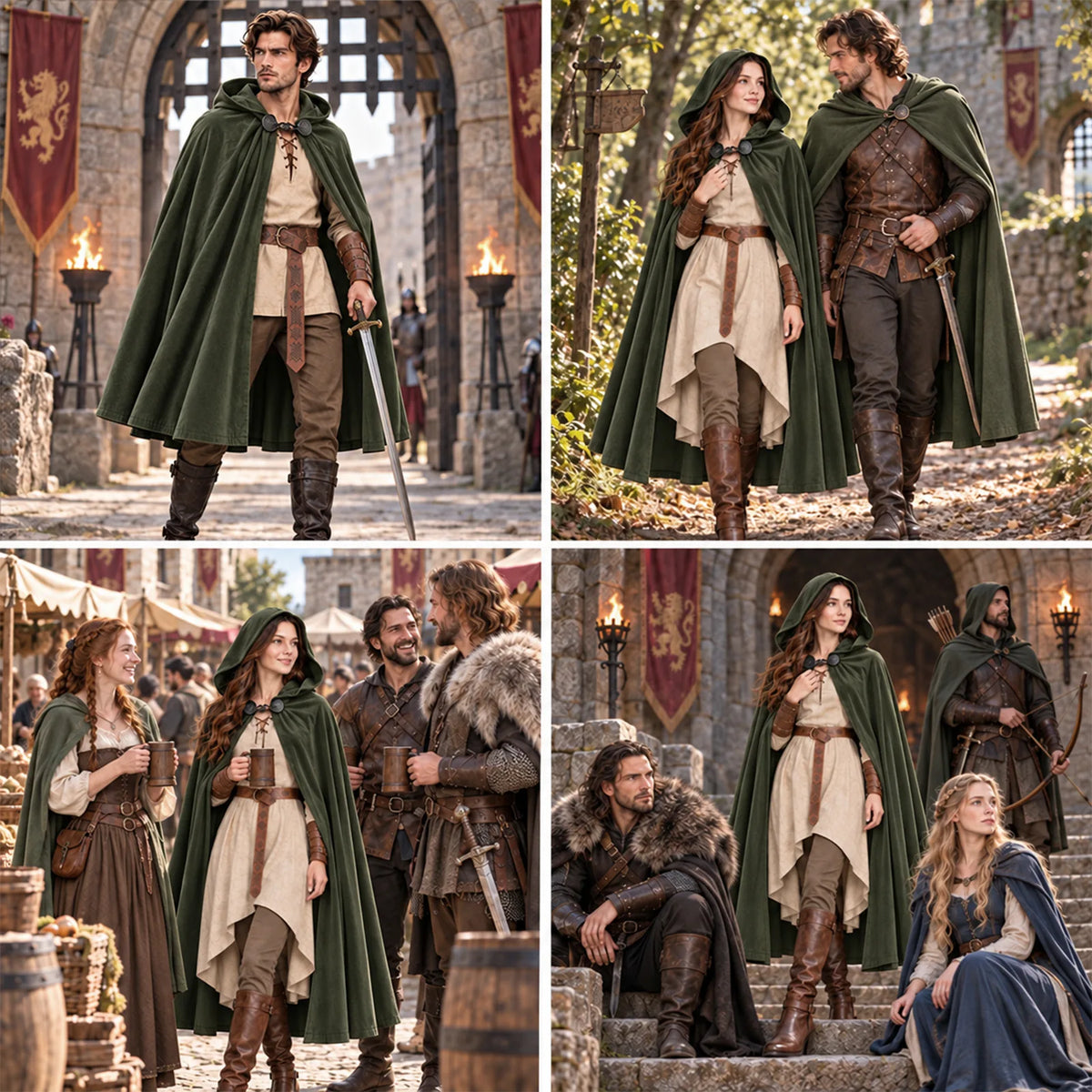 Four-panel collage of people wearing green hooded cloaks in castle, tavern and fireside medieval settings.