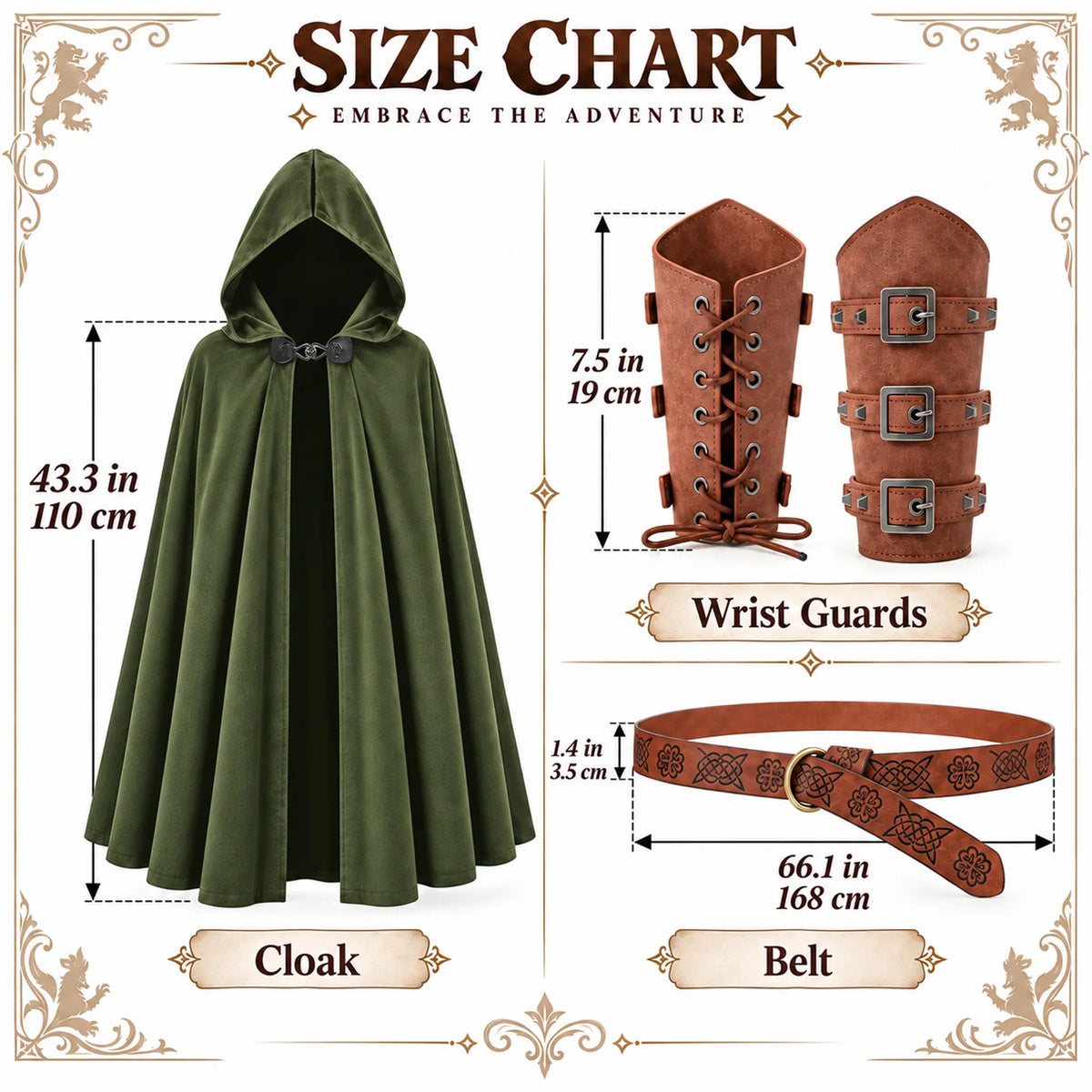 Size chart titled Embrace the Adventure: green cloak 43.3 in / 110 cm, wrist guards 7.5 in / 19 cm, belt 66.1 in / 168 cm by 1.4 in / 3.5 cm.