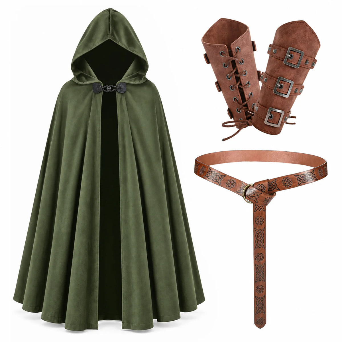 The green hooded cloak laid out with a pair of brown leather wrist guards and a brown Celtic pattern belt.
