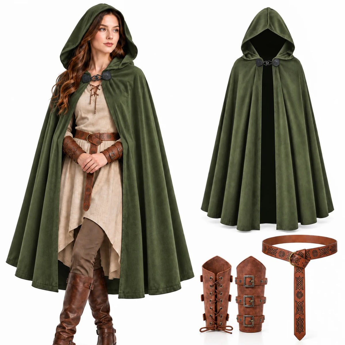 A woman wears the green hooded cloak beside the empty cloak, two brown wrist guards and the brown belt.