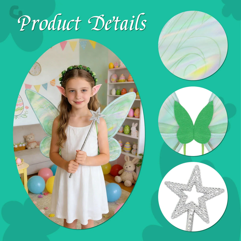 Iridescent details on green fairy wings and matching costume accessories