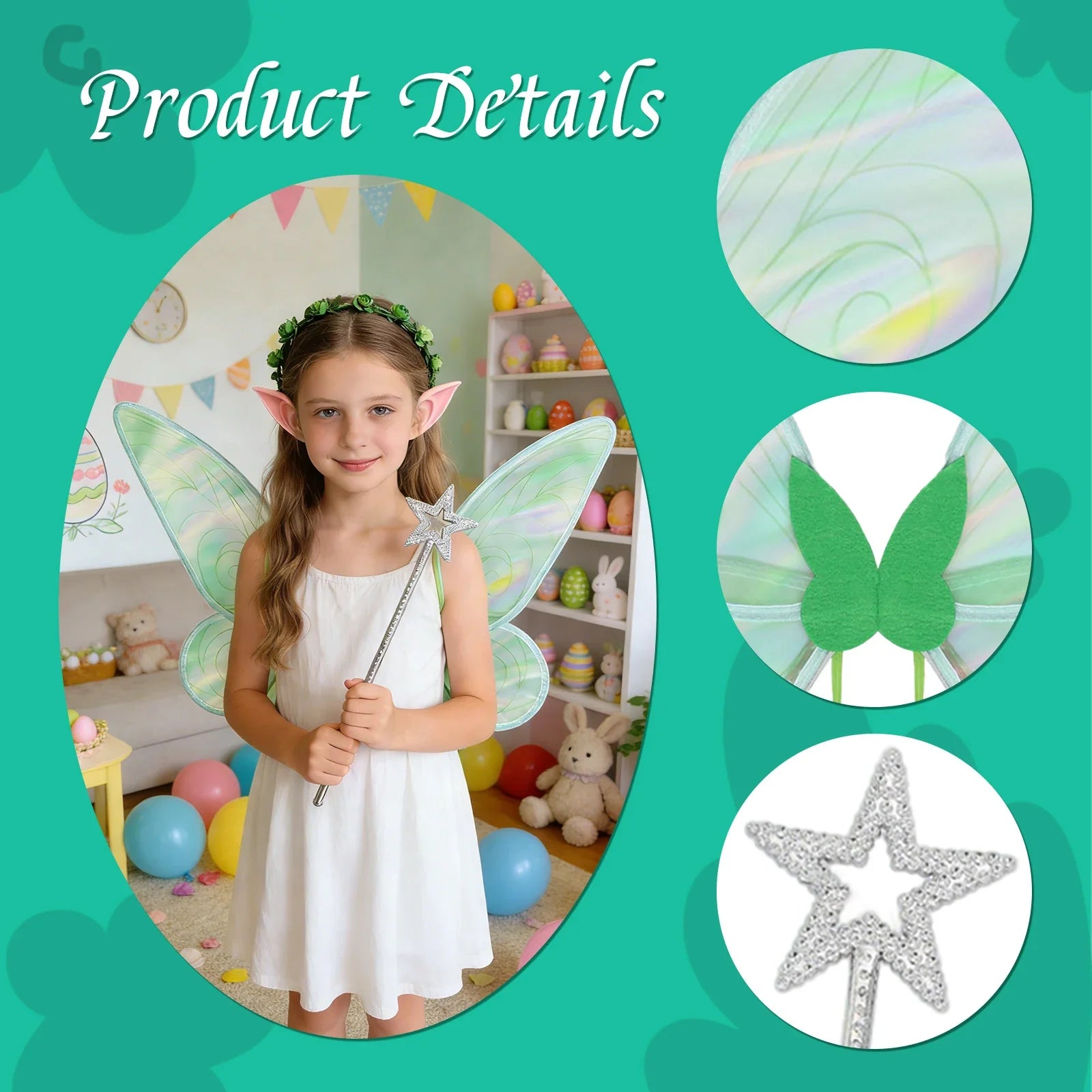 Iridescent details on green fairy wings and matching costume accessories