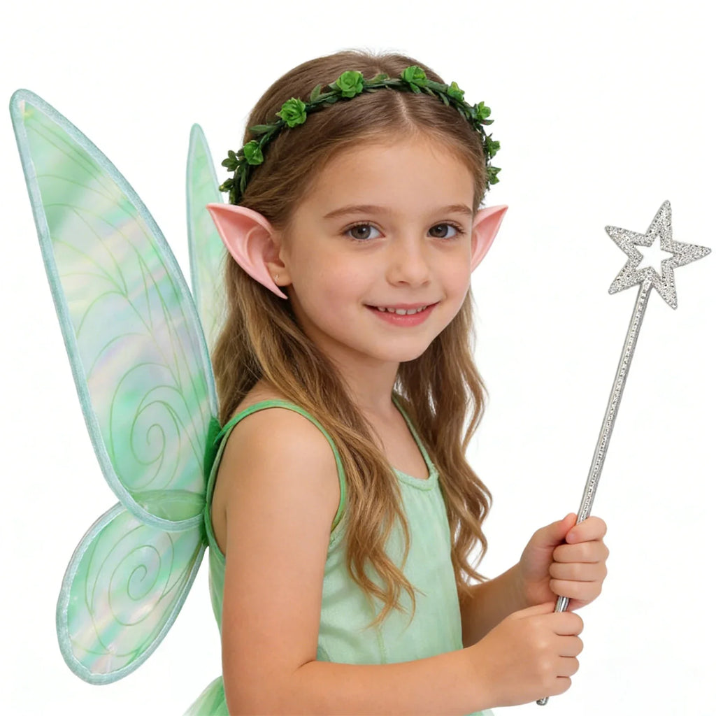 Green iridescent fairy wings shown from the front for fantasy cosplay