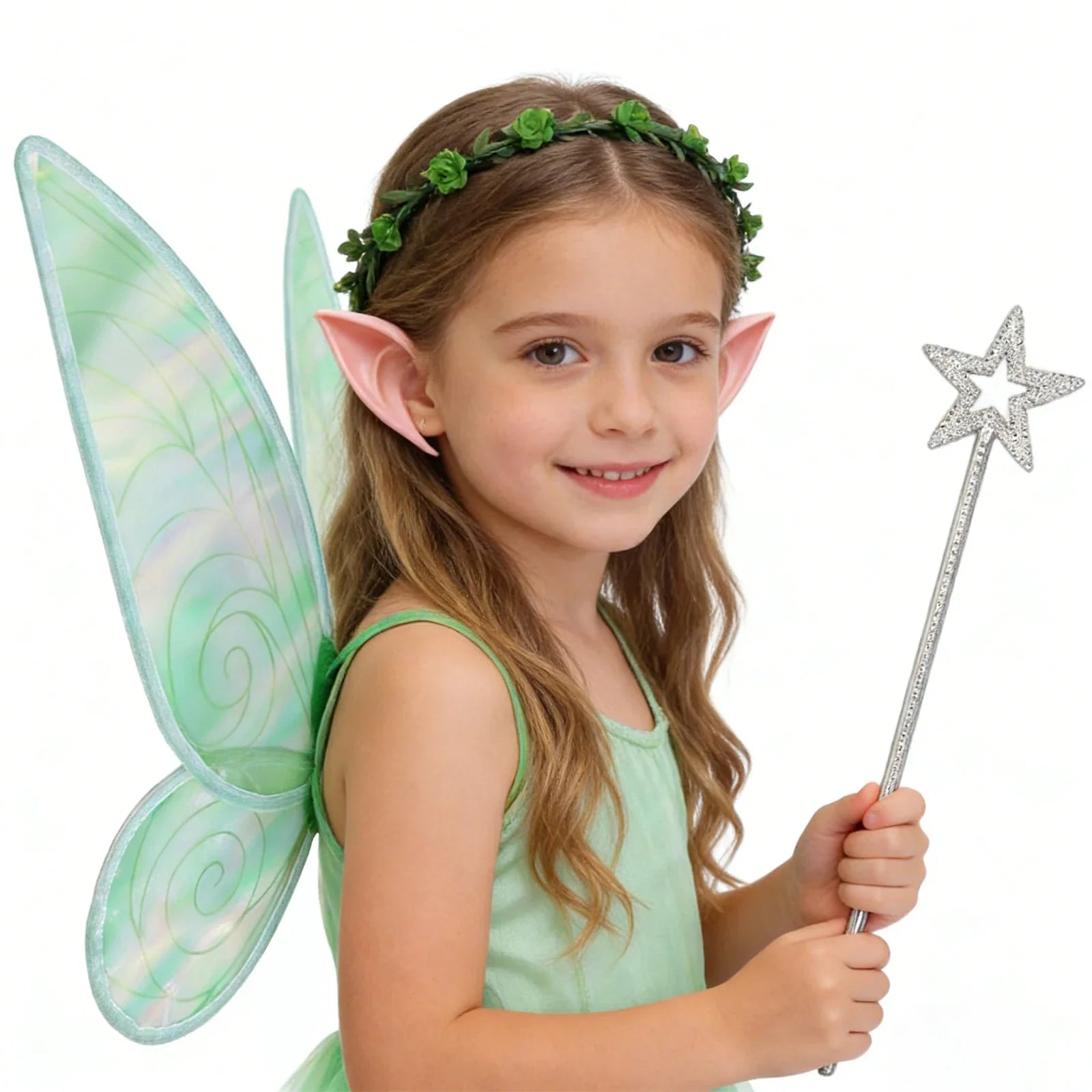 Green iridescent fairy wings shown from the front for fantasy cosplay