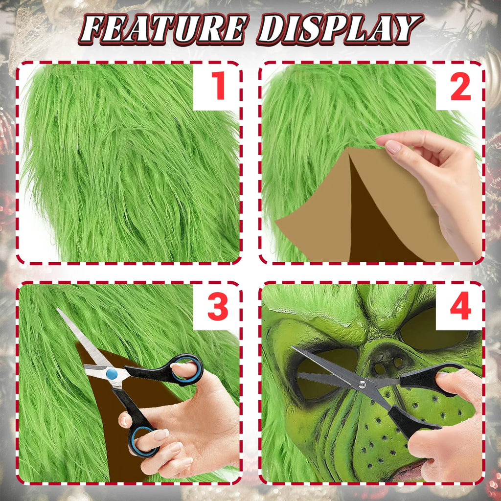 Feature panels show the green hair backing and illustrated cutting tools near the mask.