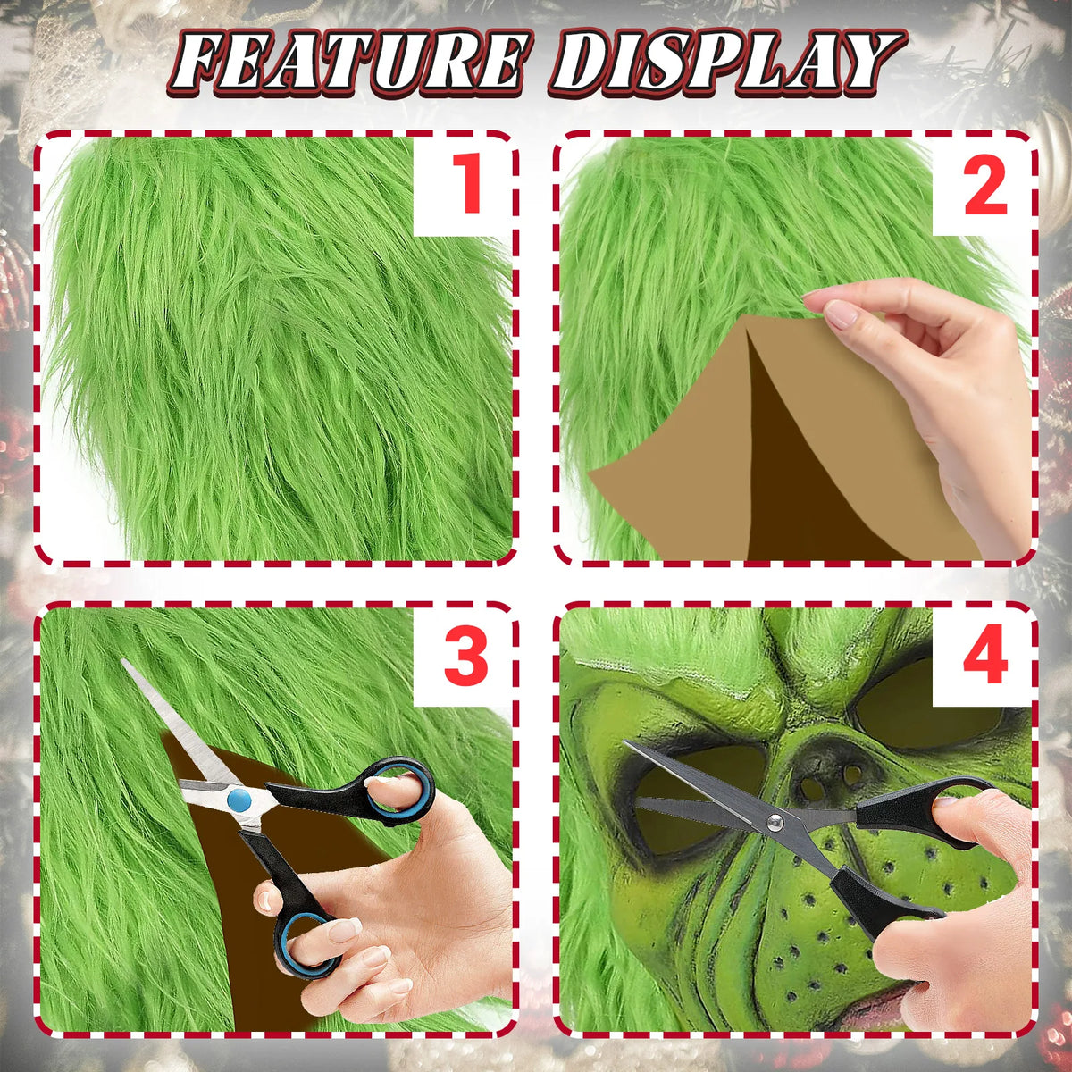 Feature panels show the green hair backing and illustrated cutting tools near the mask.