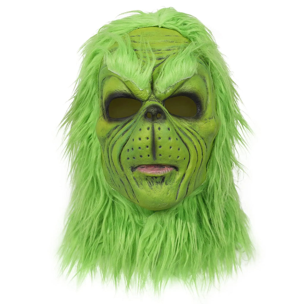 A front view shows the green set mask with a black nose and long hair.