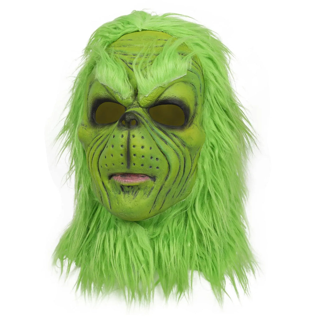 A three-quarter front view shows the green mask cheek contours and attached hair.