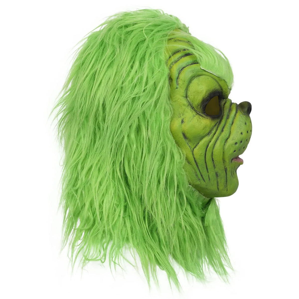 The green mask left profile shows its projecting nose and surrounding long hair.
