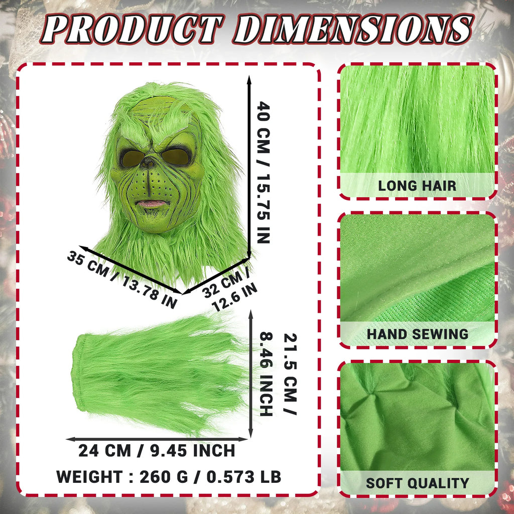 The size graphic shows outside dimensions for the green mask and a glove.