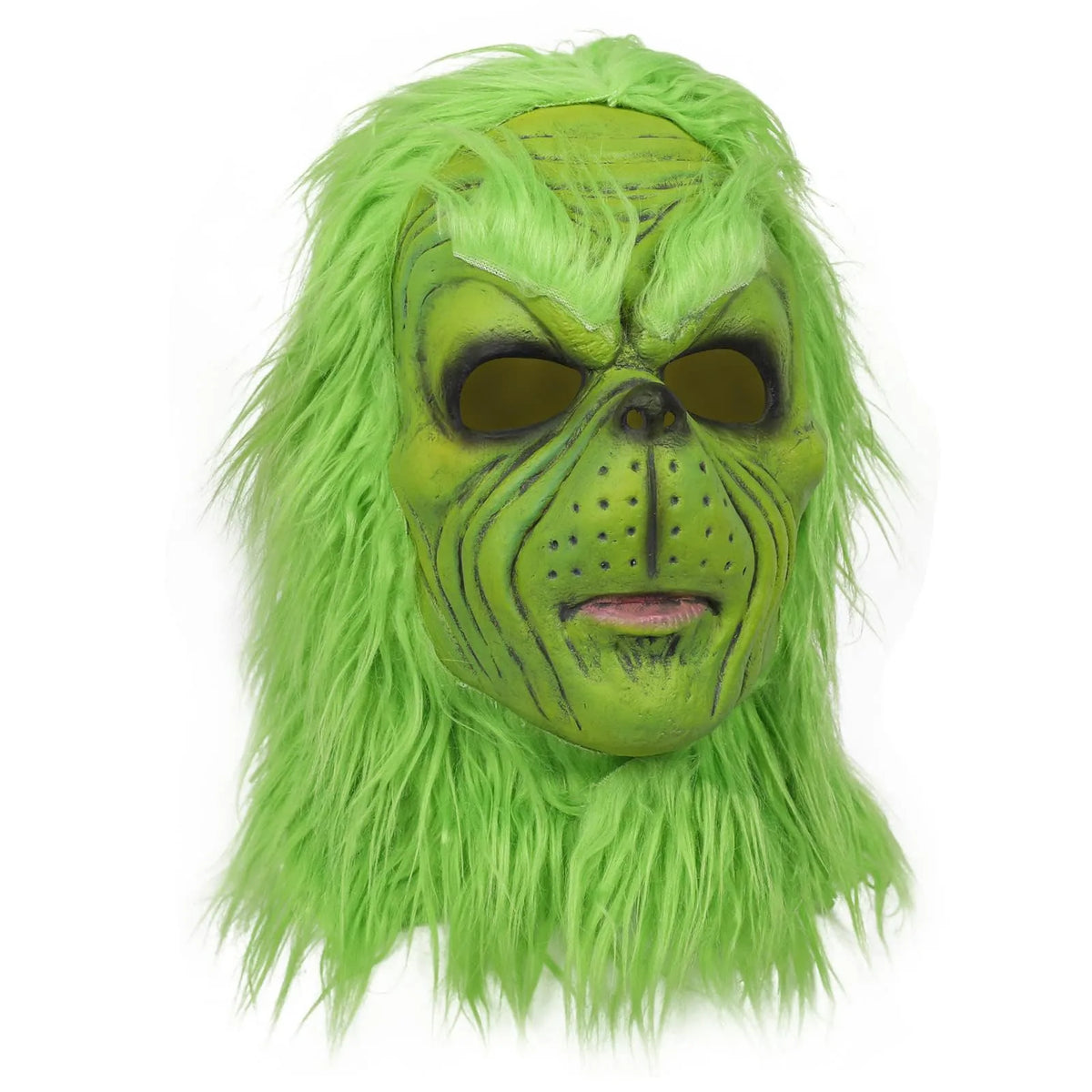 A turned view shows the green mask face with deep brows and a sculpted mouth.