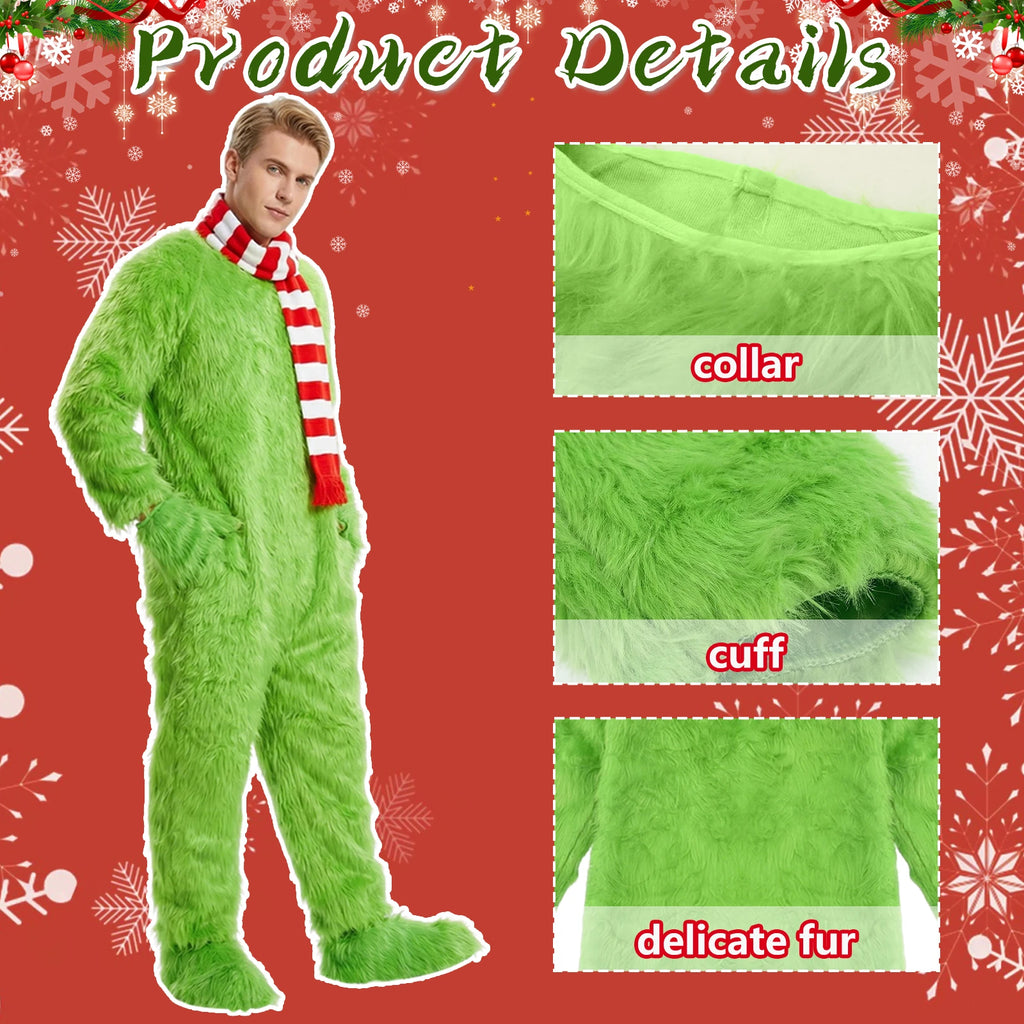 Product details graphic shows the green jumpsuit collar, cuff and shaggy surface labeled delicate fur.
