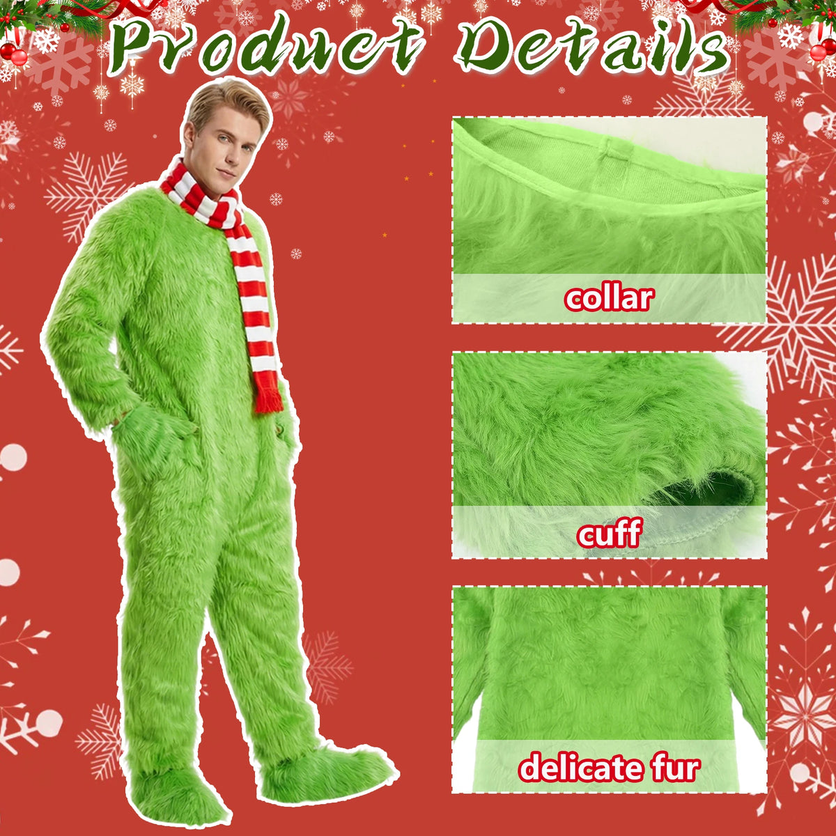 Product details graphic shows the green jumpsuit collar, cuff and shaggy surface labeled delicate fur.