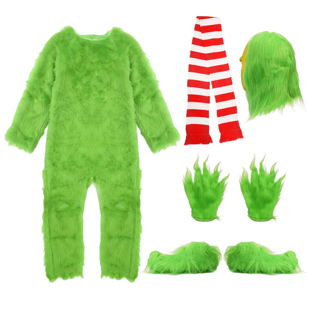 Inspired by the Grinch, this flat lay shows a green jumpsuit, mask, striped scarf, paired gloves and shoe covers.