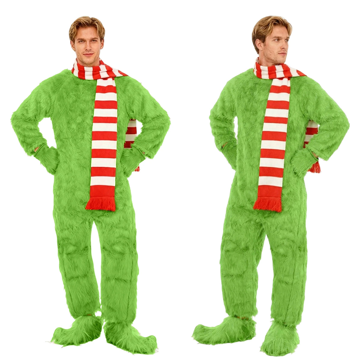 Front and side views show the green monster jumpsuit with striped scarf, matching gloves and shoe covers.