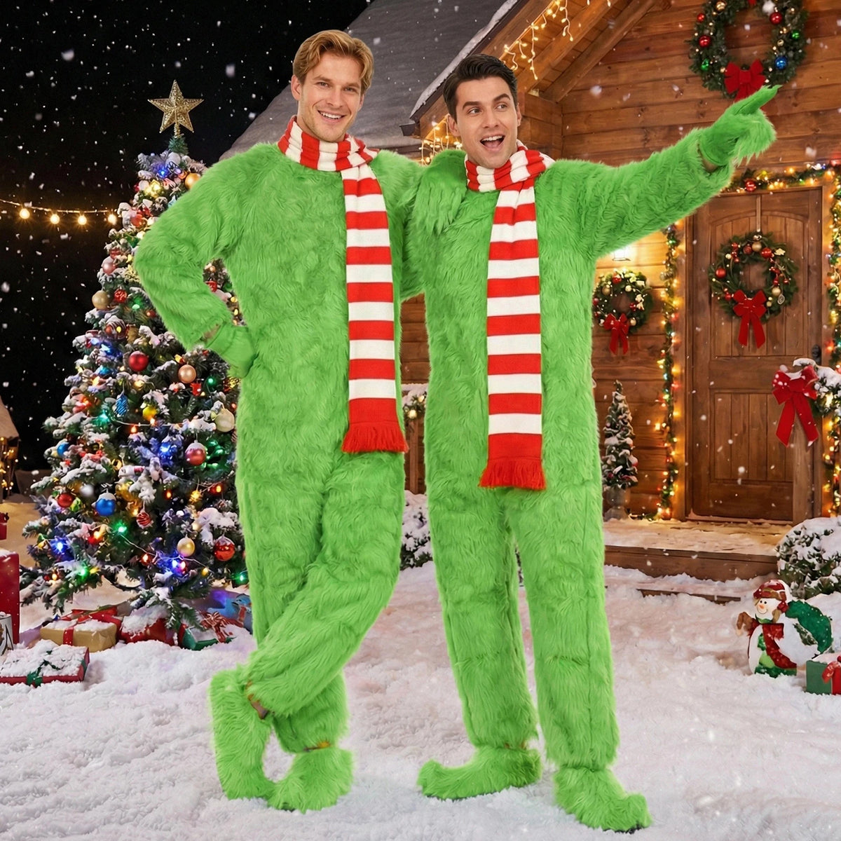 Two adults model green jumpsuits and striped scarves in a holiday scene; each order contains one outfit.