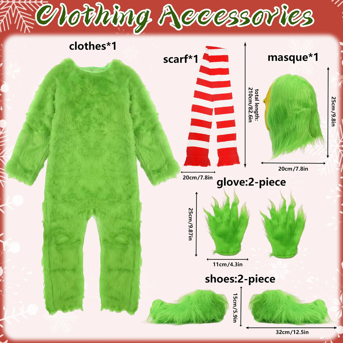 Inspired by the Grinch, this diagram shows the green jumpsuit, mask, striped scarf, paired gloves and shoe covers with accessory measurements.