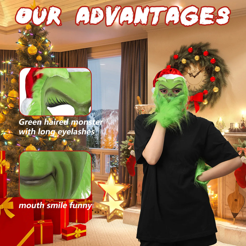The green monster mask feature graphic highlights long eyelashes and its smiling sculpted mouth. The design has long lashes and a red hat.