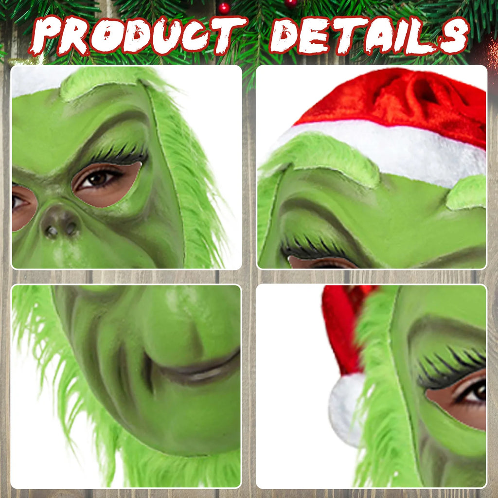 Close detail panels show the green monster mask face and attached green hair. The design has long lashes and a red hat.