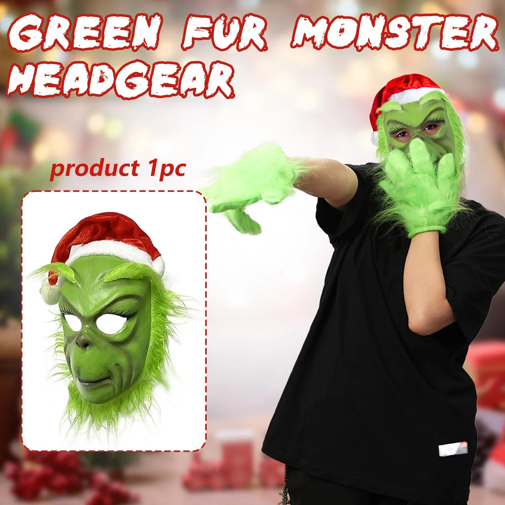 The green monster mask information graphic identifies one headpiece beside a styled model. The design has long lashes and a red hat.