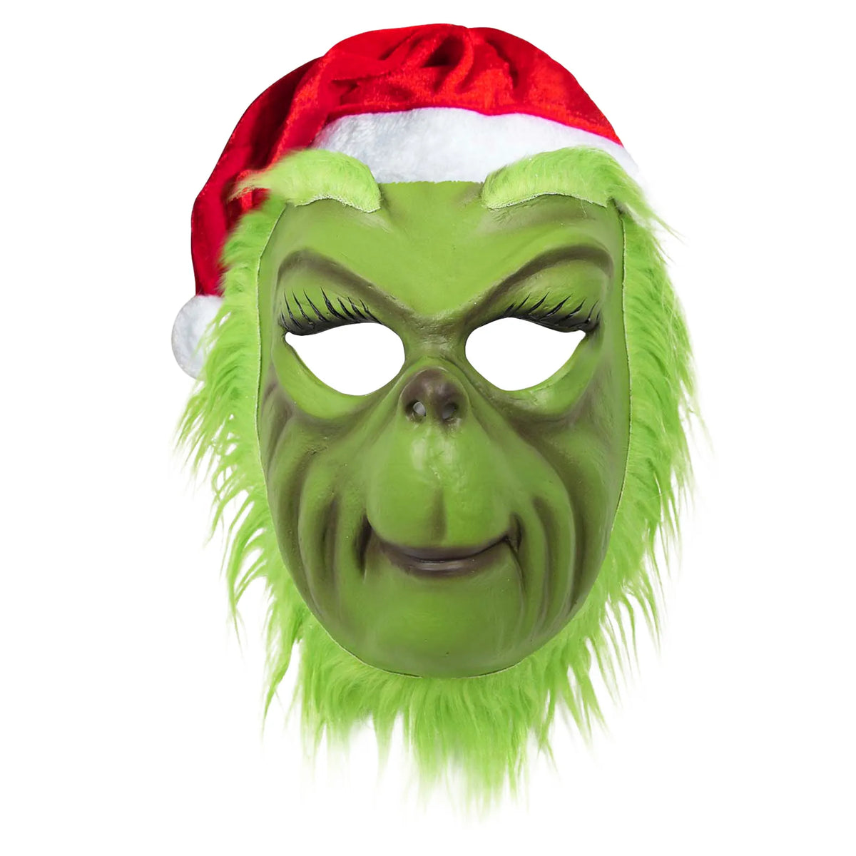 A tilted front view shows the green monster mask with long lashes and red hat.