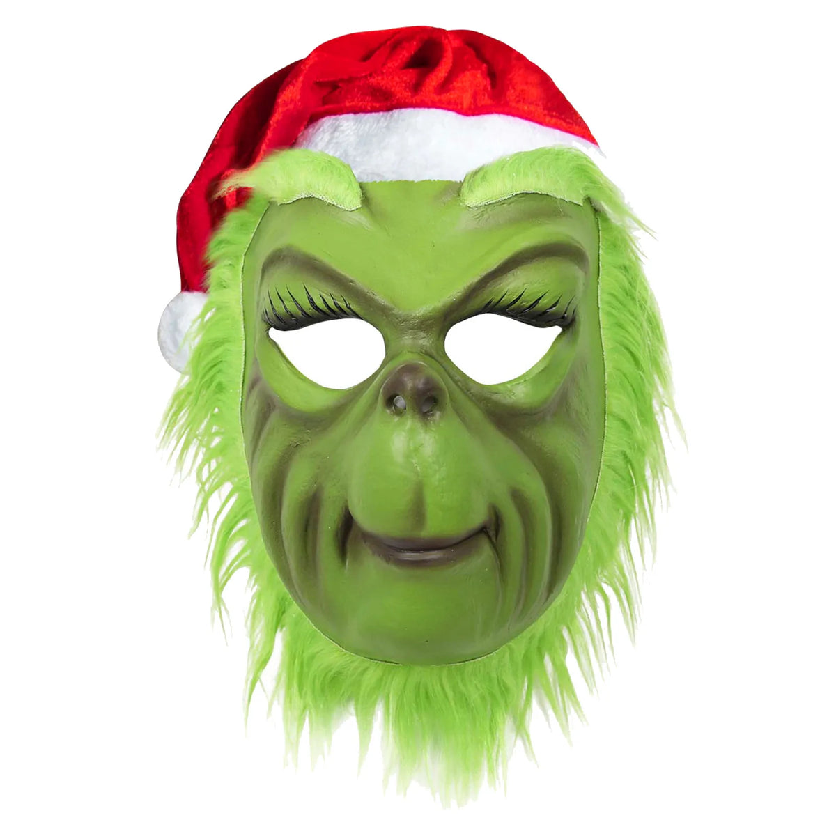 The upright green monster mask has pointed brows, long lashes and a small red hat.